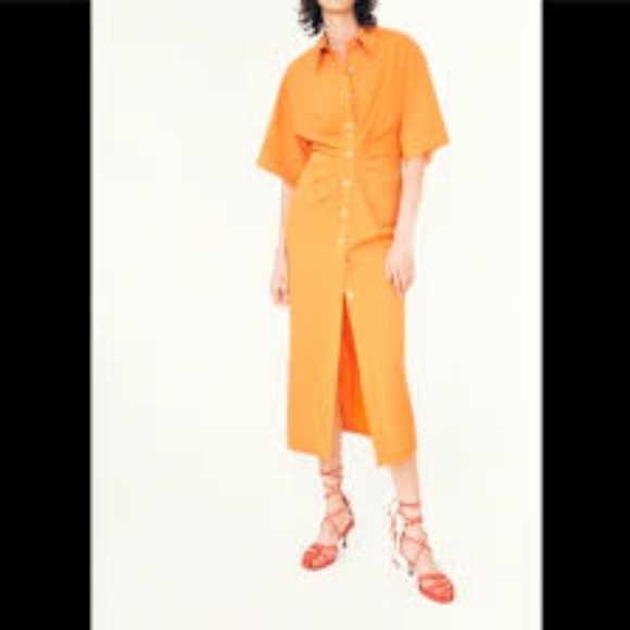 ZARA SS20 COLLARED MIDI DRAPED SHIRT DRESS ORANGE Size M NWT - Picture 3 of 6